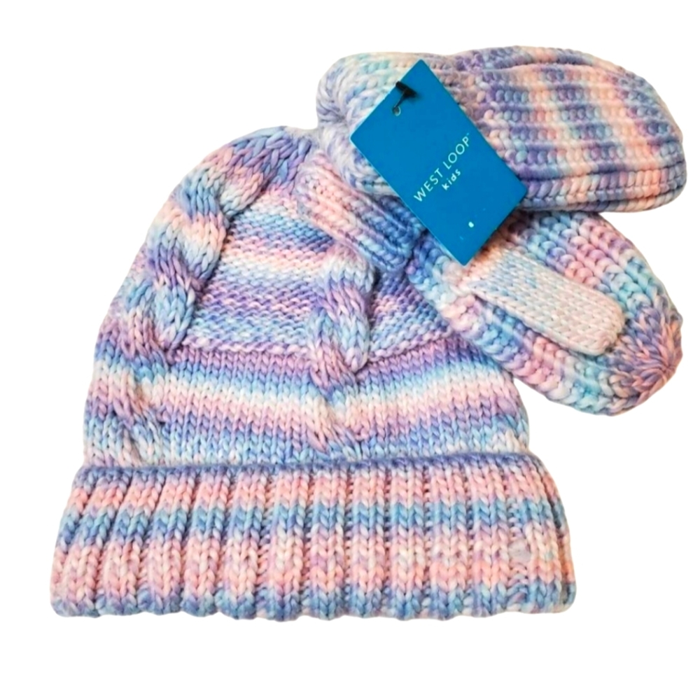 Colorful Pastel Knit Hat and Gloves Set Little Kids One Size Fits All